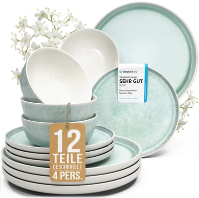 Pure Living Ibiza Light 12-Delig Serviesset - Turquoise - Krasbestendig Aardewerk - 4 Personen - Magnetronbestendig