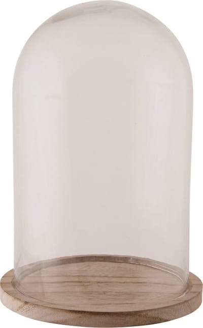 Glazen decoratie stolp op houten plateau - D17 x H25 cm - Home Deco stolpen - Woonaccessoires