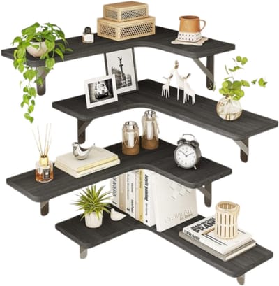 Wandplank - Houten Plank Wandmontage - Hoekrek Display Decor - Hoekplank - Organizer voor Slaapkamer Keuken Badkamer - Zwart
