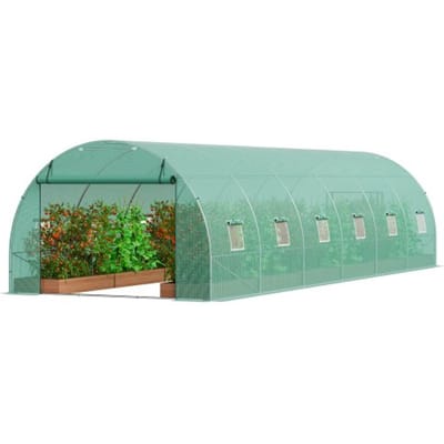 VEVOR Walk-In Tunnelkas, 8,9 x 2,9 x 2,0 m kunststof tunnelkas, plantenkas met gegalvaniseerd stalen frame, groene PE-afdekking, oprolbare ritssluiting en 12 ramen voor buitengebruik