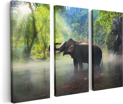 Artaza Canvas Schilderij Drieluik Olifant In Het Water - 120x80 - Foto Op Canvas - Canvas Print