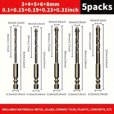 Vijfdelige set keramische tegelboren van hoogwaardig wolfraamcarbide (3 mm, 4 mm, 5 mm, 6 mm, 8 mm) – kruiskop- en zeskantboren, Geschikt voor glas, beton, keramiek en keramische tegels, Geschikt voor nauwkeurig en braamvrij snijden