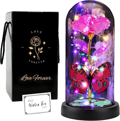 Betoverde Roos - Glazen Bloemen - Romantische Sfeer - Ingebouwde LED - 21 cm Hoog - Roze