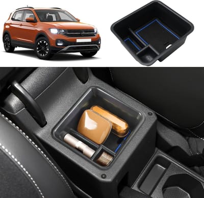 Opbergbak voor de middenconsole, Geschikt voor VW T-Cross 2018-2023, Accessoires voor T-Cross, Armsteun en Handschoenenkast met Antislipmat (Blauw)