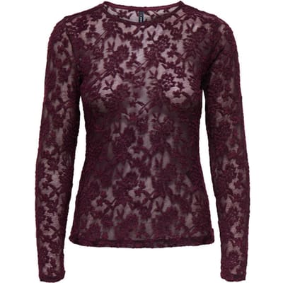 Only bordeaux dames top   Ronde hals   Regular fit   Geen zakken   Kant patroon   Duurzaam   Lange mouw Bordeaux M