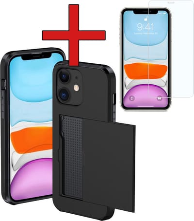 Hoesje Geschikt voor iPhone 11 Hoesje Met Pasjeshouder Hard Case Met Kaarthouder Met Screenprotector - Hoes Geschikt voor iPhone 11 Hoesje Pashouder Case - Zwart