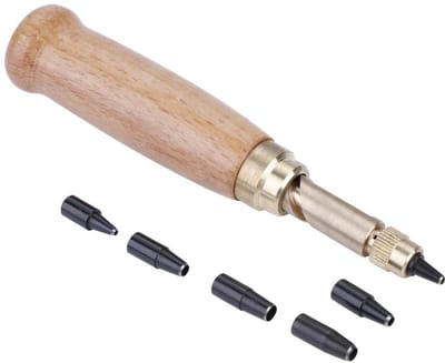 Dailygoods- Handpuncher Roterend - Perforator - Stansgereedschap - Metaal/Hout - Inclusief 6 Punchkoppen - Lengte 13 cm