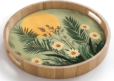 Dienblad rond 40x40 cm - Schootdienblad hout - Bloemen - Bladeren - Zon - Groen - Borrelplank rechthoek - Plateau houten dienbladen