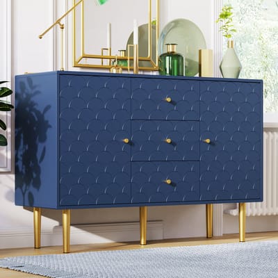 REDOM Commode Sideboard 120x40x83 cm Marineblauw – 2 deuren, 3 lades, verstelbare plank, champagne metalen poten