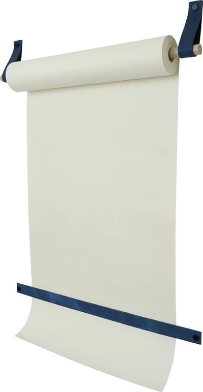 Tekenrol - aan leren lussen | BLAUW (Papierrol: wit) NU MET: verstevigde afscheurstrook! (wandborden - tekstborden - tekenbord)