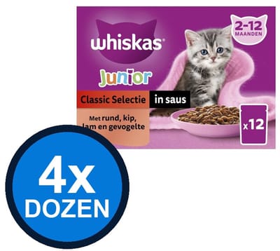 4x Whiskas - 2-12M Pouch Junior Saus Classic Selectie Multipack (12x85g) - Kattenvoer Natvoer - 1.02 kg