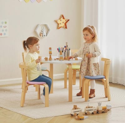 MEUNIQ Kindertafel- en stoelenset 5-delig van hout, 1 tafel en 4 stoelen, 60 x 60 x 50 cm, multicolor, voor kinderkamer en speelruimte
