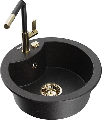 Mexen Diego granieten spoelbak 1-komorige met keukenkraan Flora, zwart/zilver metallic - 6512-73-670401-57-G