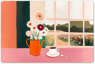 Placemats 45x30 cm - Placemat kunststof - 1 stuk - Bloemen - Koffie - Raam - Borden onderleggers - Decoratie voor op tafel - Keuken tafeldecoratie accessoires - Vinyl onderlegger - Tafelversiering