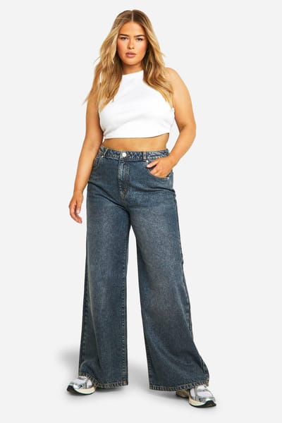 Dames Boohoo Basics Plus Hoge Taille Super Wijde Broekspijpen Jeans | Vintage Blauw | Maat: 44