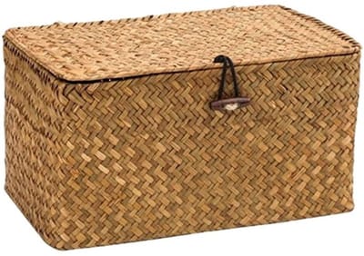 TOVBMUP Opbergbox - Opbergdoos - Voorraaddoos - Opbergmand - Organizer - Sorteerdoos - Met knoop - Met deksel - Rotan - 26*16*10CM