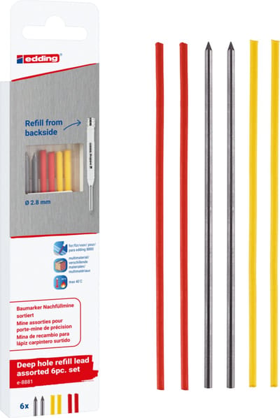 edding 8881 deep hole navullood assorti 6st set - geschikt voor edding 8880 deep hole markeerpotlood - grafiet en wax basis - voor ruwe en gladde oppervlaktes - kartonnen verpakking - ideaal voor timmermannen, bouwvakkers en andere vaklieden