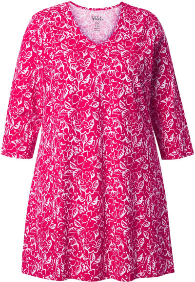 Ulla Popken - Dames - Longshirt bloemen A-lijn V-hals 3/4-mouwen - Rood - Maat 62+