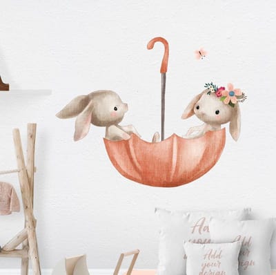 Muursticker | Konijn in paraplu| Wanddecoratie | Muurdecoratie | Slaapkamer | Kinderkamer | Babykamer | Jongen | Meisje | Decoratie Sticker |