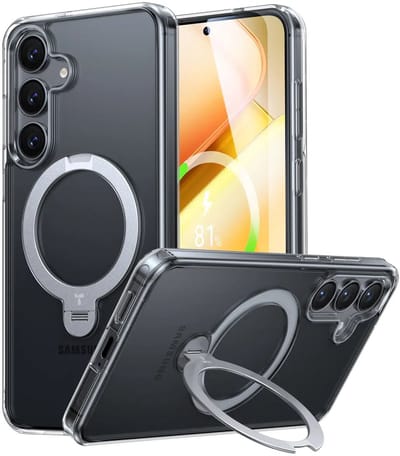 TORRAS UPro Ostand Spin Hoesje Geschikt voor Samsung Galaxy S25 - Compatibel met MagSafe / Qi2 - 360° Draaibare Magnetische Standaard - Back Cover Kickstand Ring - Transparant