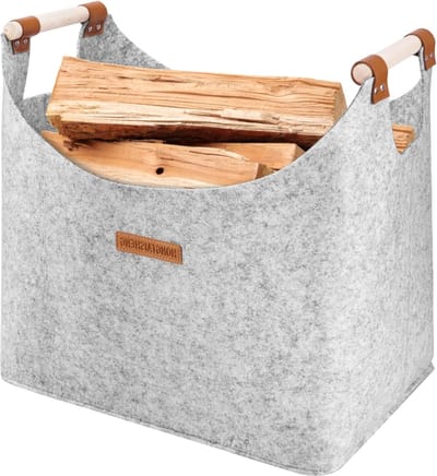 Vuurkorf XL Brandhouten mand - Vilten mand met extra dikke vilten en versterkte handgreep - Opvouwbare houten mand - Vilten tas als opbergmand voor winkelen, hout, krant of brandhout (lichtgrijs)
