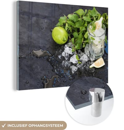 MuchoWow® Glasschilderij 120x90 cm - Schilderij acrylglas - Cocktail - Mojito - Ijsblokjes - Foto op glas - Schilderijen