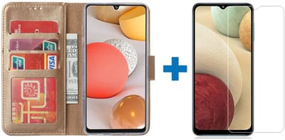 Hoesje Geschikt Voor Samsung Galaxy a12 hoesje bookcase Goud - Hoesje Geschikt Voor Samsung Galaxy a12 hoesje - 1x Hoesje Geschikt Voor Samsung Galaxy a12 screenprotector screen protector