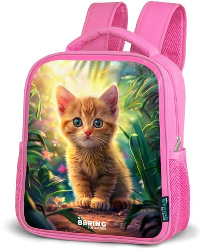 NoBoringSuitcases.com® - Rugzak roze - Schooltas meisjes - Rode kitte in de groene natuur - Kinder rugtas meisje - Boekentas kind - Kinderrugzak voor school - Schoolrugzak