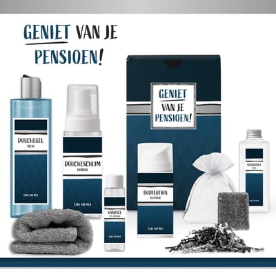 Geschenkset “Geniet van je pensioen!” - 7 producten - 850 gram | Giftset voor hem - Douchegel - Bodylotion - Scrubzout - Geurblokje - Wellness Pakket - Gestopt met werken - Cadeau set - Vader - Broer - Vriend - Collega - Blauw