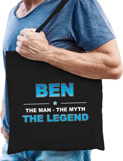 Naam cadeau Tasje voor Ben - The man, The myth the Legend - katoenen - zwart - verjaardag - vaderdag - collega - vriendin