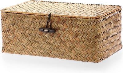 Zeegras opbergmand vierkant met deksel - badkamer organizer - plank of bureau decoratie - karamel S