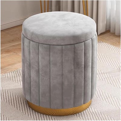 Ronde Opbergpoef - Voetenbank Kruk - Woonkamer Organisatie - Met Gouden Basis - 34x34x45 cm - Grijs