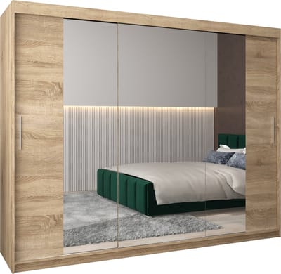 InspireMe - Kledingkast met 3 schuifdeuren, Modern-stijl, Kledingkast met planken (BxHxD): 250x200x62 - TORM II 250 Sonoma Eik mat 4 lades