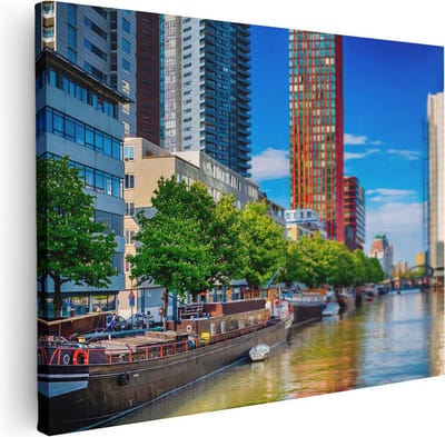 Artaza Canvas Schilderij Rotterdam - 80x60 cm - Wanddecoratie Skyline - Muurdecoratie Woonboten - Schilderijen Op Canvas Stad