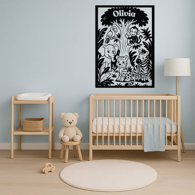 BR2Laser Jungle Dieren – Wanddecoratie – Lasergesneden Hout – Kinderkamer - Babykamer Kunst– 75 cm Hoog