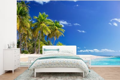 Behang - Fotobehang Strand - Zee - Palmboom - Zon - Zomer - Breedte 400 cm x hoogte 300 cm