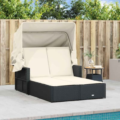 vidaXL - Ligbed - 2-persoons - met - luifel - en - kussens - poly - rattan - zwart