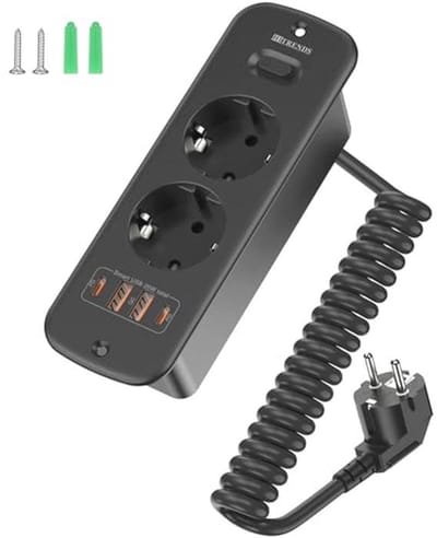 SnelShoppen - 2 x USB 2 x Type-C Flush Socket met 2 m Coiled Cable, Dubbele Stopcontacten voor Tafel of Werkoppervlak, Zwart - Ideaal voor Thuis en Ka