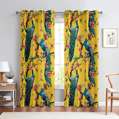 2 STUKS Vintage Blauw Goud Pauw Bloemenpatroon Bedrukte Gordijnen, Slaapkamer Woonkamer Keuken Comfortabele Decoratieve Gordijnen W50xH130(CM)x2pcs&Rod Pocket
