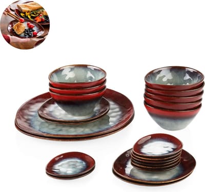 Luxe Serviesset – 22 delig – Porselein - Bordenset – Dinner platen – Dessertborden - Kommen - Schaaltjes - Rood