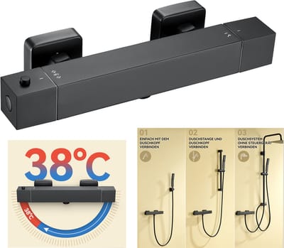 Auralum Max Thermostatische Douchekraan - Hartafstand 15 cm - 38°C Veiligheidsvergrendeling - Badkraan Set - Waterbesparend - Zwart