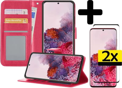 Hoesje - Met 2x Screenprotector - Geschikt voor Samsung Galaxy S20 - Luxe Pasjeshouder - Bookcase Portemonee - Flip Case - Kunstleer Book Case - Flipcase Hoes - Book Cover - Walletcase - Portemonneehoes - Telefoonhoesjes - Donkerroze