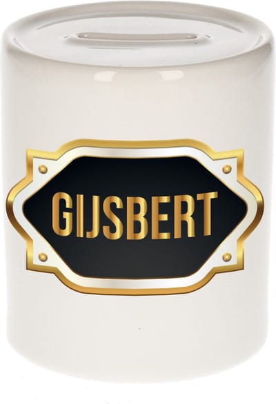 Spaarpot met voornaam Gijsbert - wit - met goud/zwart embleem - 8 x 9 cm - keramiek - met afsluitdop - cadeau verjaardag
