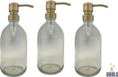 BBBLS® Design Dispenser 3 stuks Giftset "Blanco" | Transparant Glas | 500ml | RVS / Metaal Pomp Goud| Zeeppomp | Zeepdispenser | Zeephouder