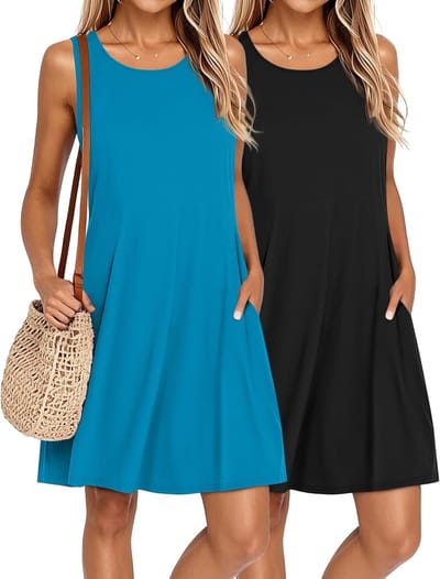 2-pack dames zomerjurken mouwloos casual met zakken voor het strand ronde hals swing tank jurk