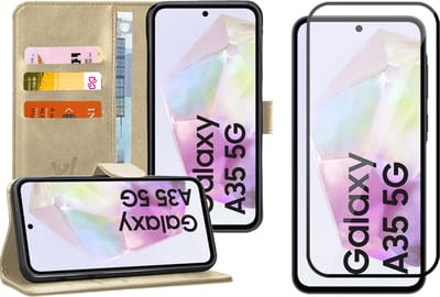 Hoesje geschikt voor Samsung Galaxy A35 - Screenprotector Volledig Dekkend Glas - Portemonnee Book Case Goud