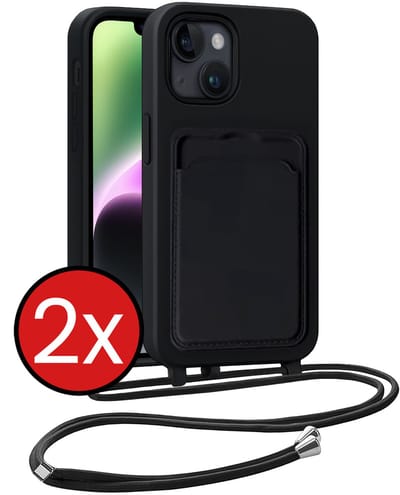 Hoesje Geschikt voor iPhone 13 Hoesje Met Telefoonkoord en Pasjeshouder Siliconen - Hoes Geschikt voor iPhone 13 Hoesje Met Kaarthouder Case - Zwart - 2 PACK