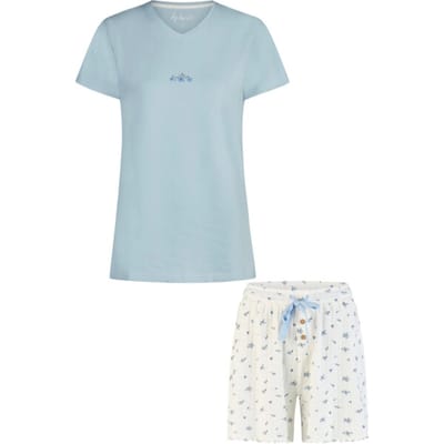 By Louise Dames Korte Pyjama Set Shortama Lichtblauw/Wit Gebloemd - Maat S
