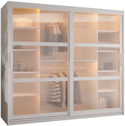 Zweefdeurkast Kledingkast met 2 schuifdeuren glanzen slaapkamerkast Kledingstang met planken Garderobekast met geribbeld glas - ARTON (200 cm, Wit) met lades