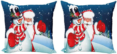ABAKUHAUS Kerst Kussenhoes Set van 2 – Sneeuwman Knuffel – Dubbelzijdig bedrukt – 50x50 cm – Blauw/Wit/Rood